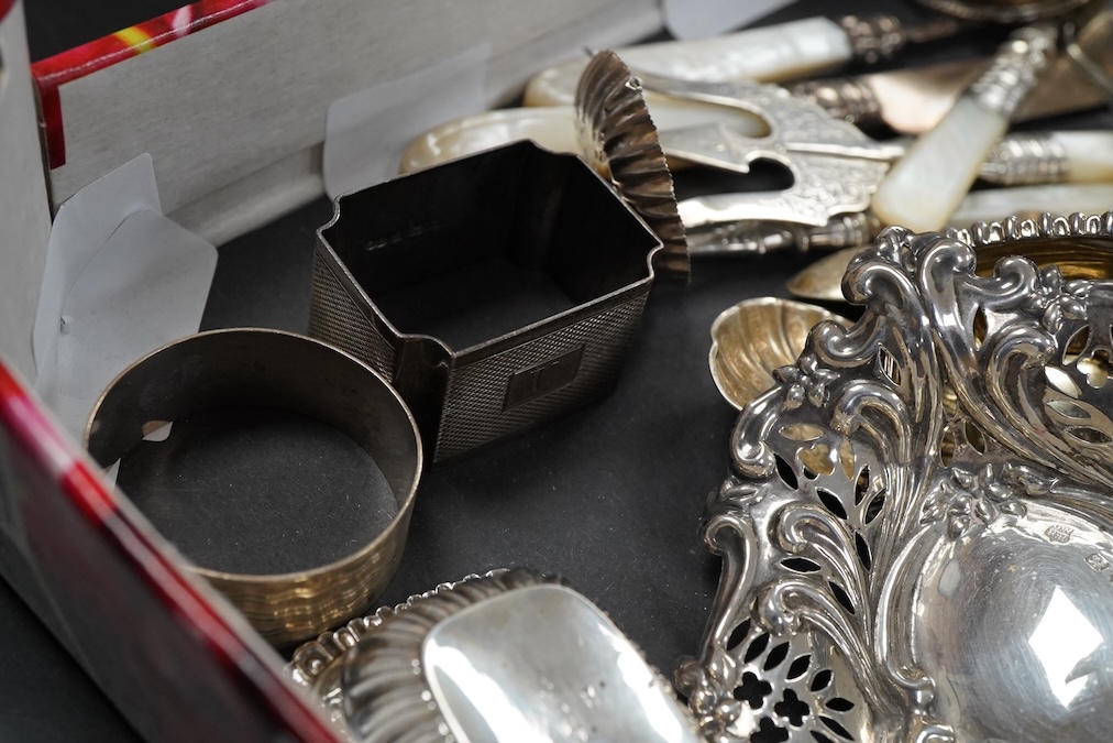 A collection of mixed silver to include a mustard pot, pierced dish etc.